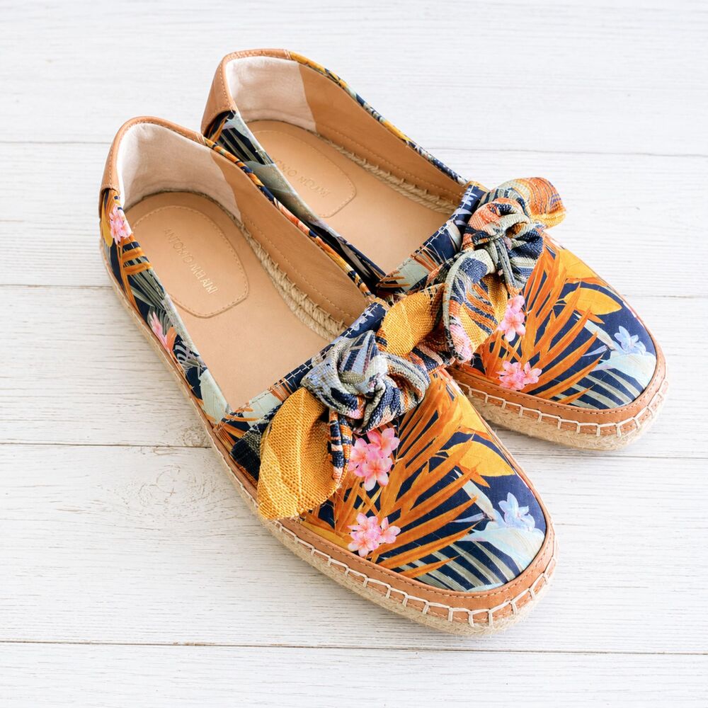 Floral Espadrille Loafers Womens 8 Bow Slip On Tropical Vacation Shoes